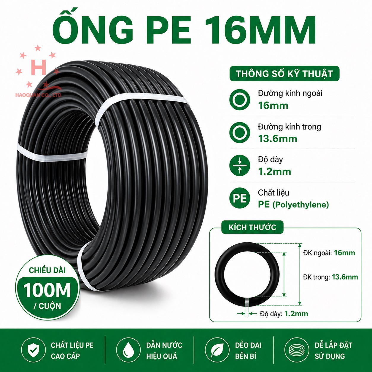 Ống 16mm, dày 1.2mm, 100m/cuộn